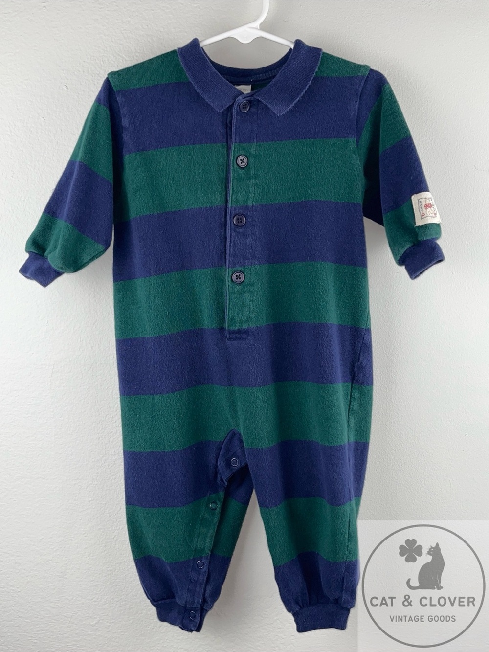 Lands’ End 90s Baby Rugby Navy Green Striped 100% Cotton Vintage Romper 18M